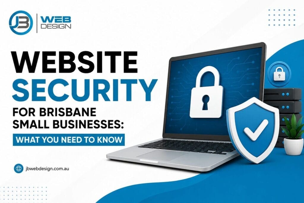 Laptop displaying a website security lock icon with a shield and server graphics, promoting website security services for Brisbane small businesses.